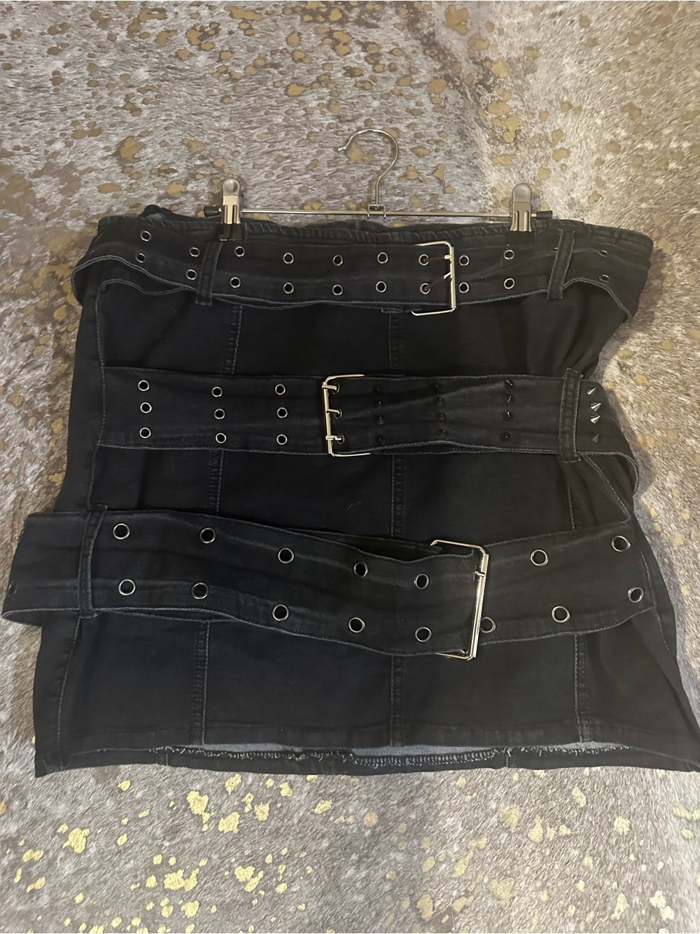 High-Waist Black Belted Stretch Denim Mini Skirt